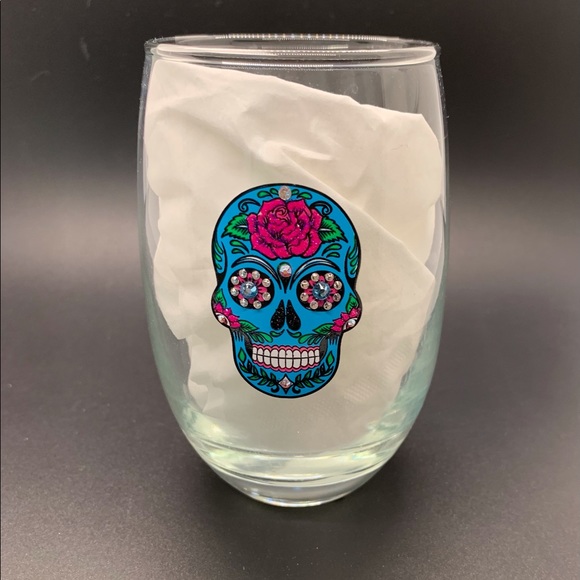 BLING GLITTER & SWAROVSKI CRYSTALS BLUE & PINK SUGAR SKULL STEMLESS WINE GLASS - Picture 5 of 8